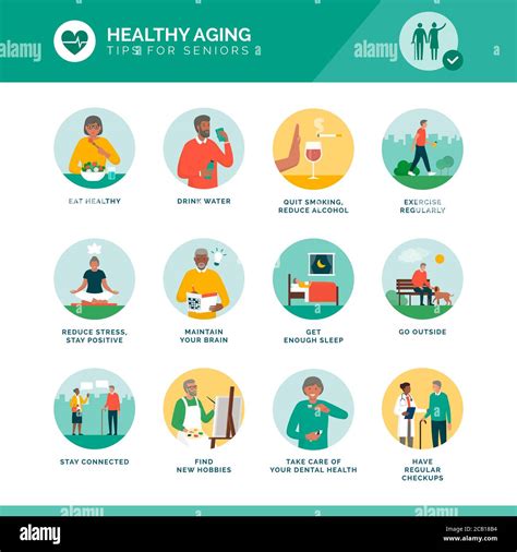 Healthy aging and senior wellness icons set: healthy lifestyle, brain