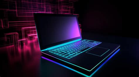 Neon Laptop On Black Background Stock Photo 3d Rendering Illustration