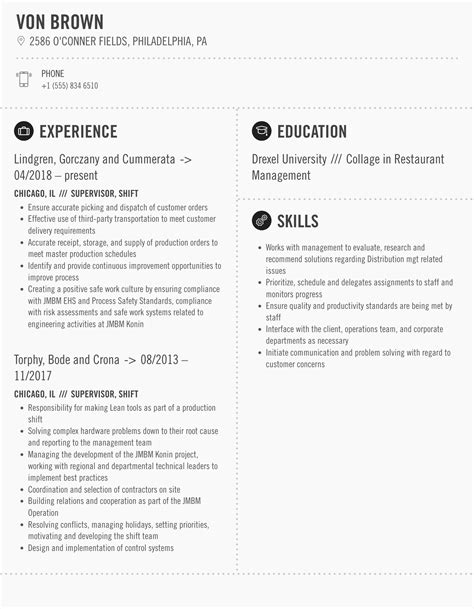 Supervisor, Shift Resume Samples | Velvet Jobs