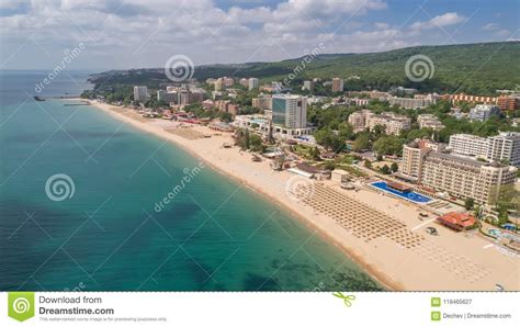 Aerial View Of The Beach And Hotels In Golden Sands Zlatni Piasaci