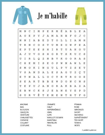French Clothing Vocabulary Word Search Puzzle