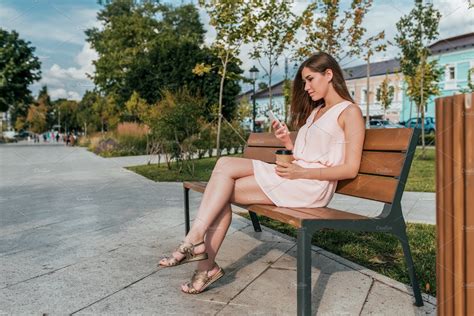 Girl In Pink Dress Sitting On Bench People Images ~ Creative Market