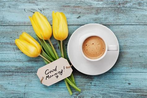Coffee Mug With Yellow Tulip Flowers And Notes Good Morning Stock Photo
