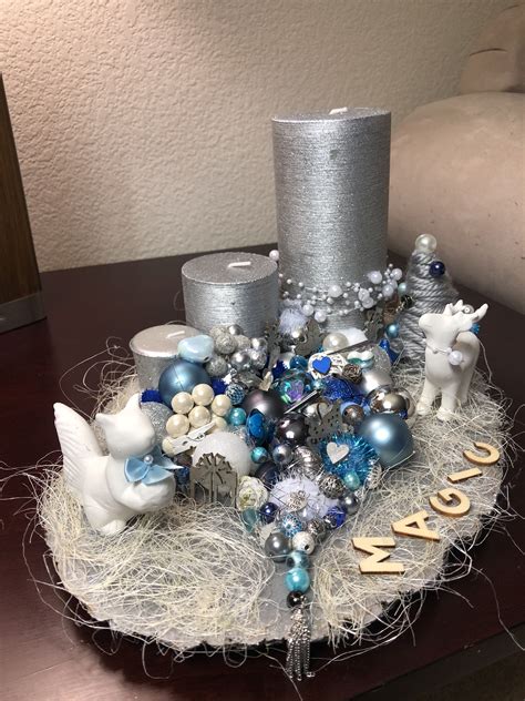 Christmas centerpiece, blue/white/silver combo, my own design