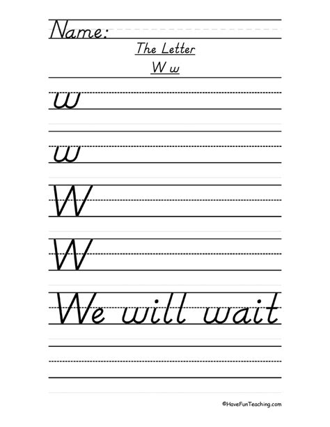 Letter W Dnealian Style Handwriting Practice Worksheet By Teach Simple