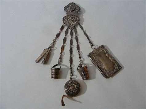 Fine English Victorian Sterling Chatelaine Hook W6 Items Hanging On