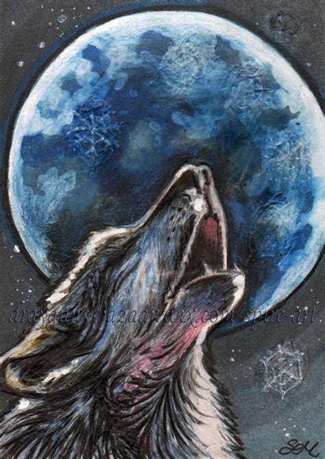Aceo Original Art Fantasy Wolf Moon Dog Night Animal Sky Realism