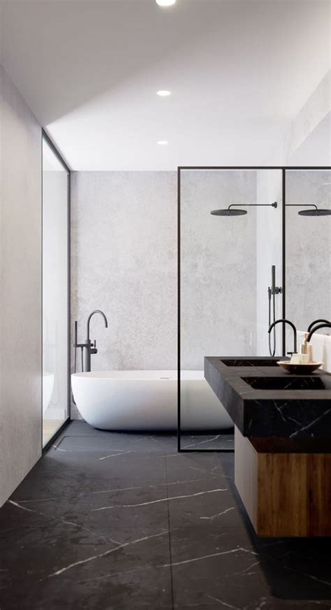 A Luxurious Minimalist Bathroom With A Black Marble Floor And Sinks A