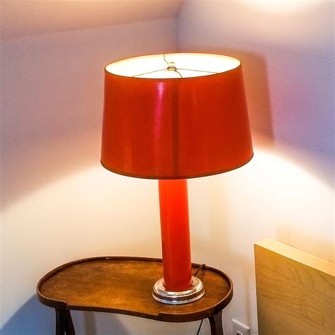 Vintage Pair Of Bright Orange Mid Century Table Lamps With Coated Gloss Shades