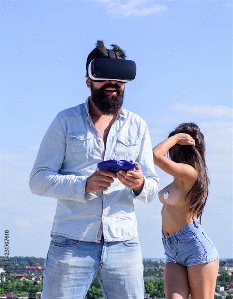 Hipster Man Play Virtual Sex Game Wear Hmd Or Vr Glasses Explore Cybersex Girl Sexy Naked