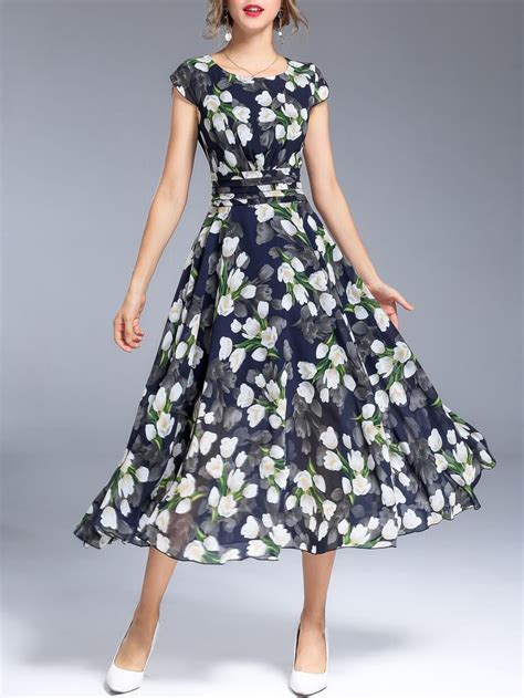 Floral Mid Length Summer Dress Casual Dresses Chiffon Dress