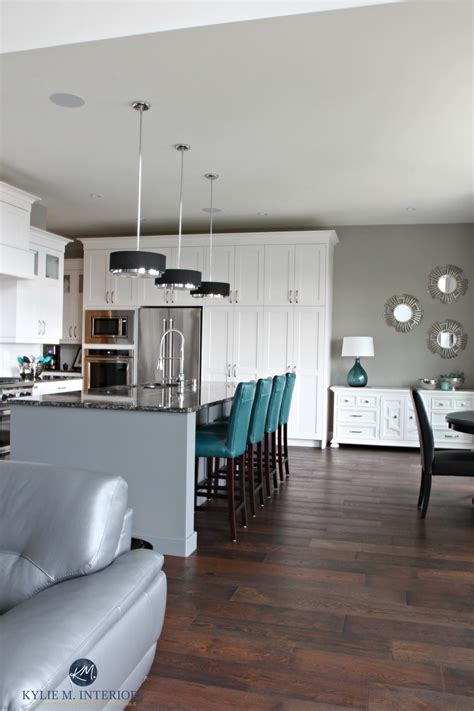 Open Layout White Kitch With Gray Painted Island Teal Accents Sherwin