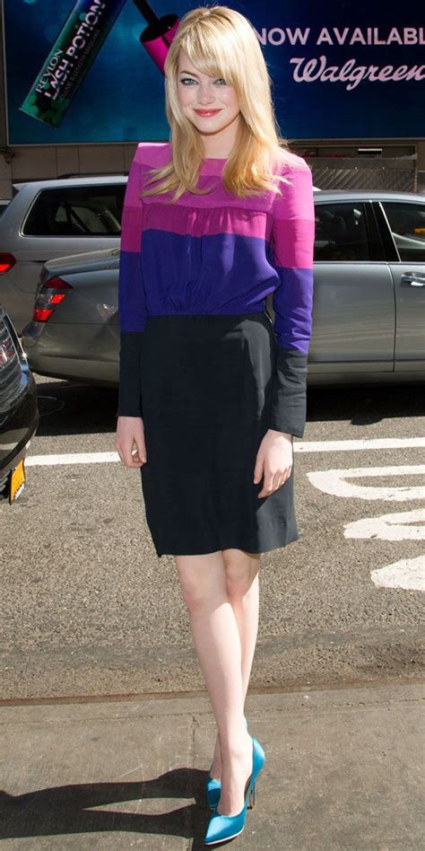 Emma Stone Stood Out In Times Square In A Colorblock Sheath And Satin Pumps Emma Stone Style