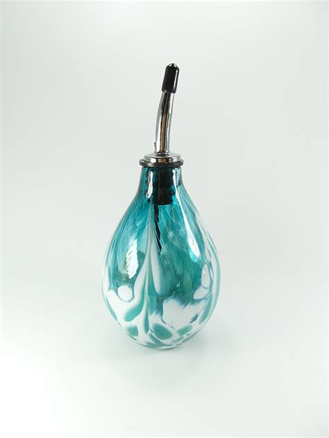 Hand Blown Glass Olive Oil Bottle In Teal Blue And White T