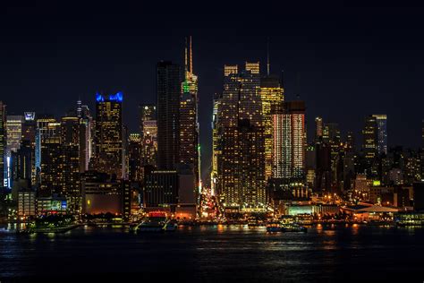 Wallpaper Cityscape Night New York Manhattan Skyscrapers Lights Hd