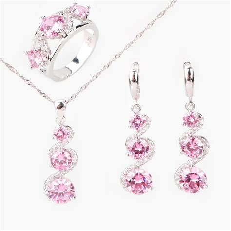 Round Pink Zircon Sterling Silver Jewelry Sets Women Earrings With