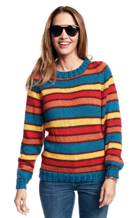 Adults Knit Crew Neck Striped Pullover In Caron Simply Soft
