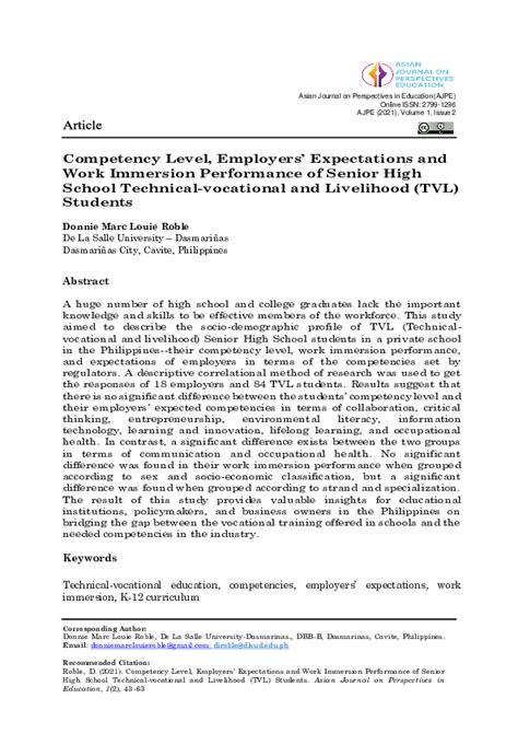 Pdf Competency Level Employers Expectations And Work Immersion