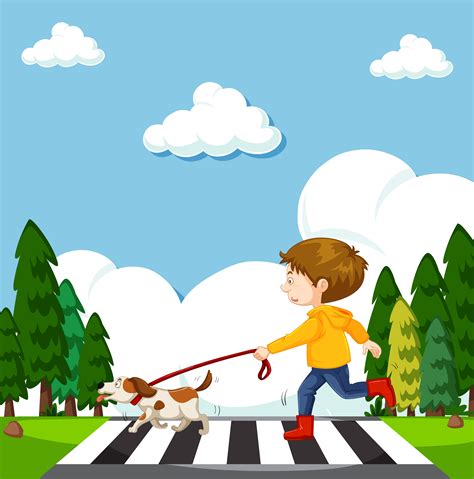 A Boy Crossing Street With Dog 303478 Vector Art At Vecteezy