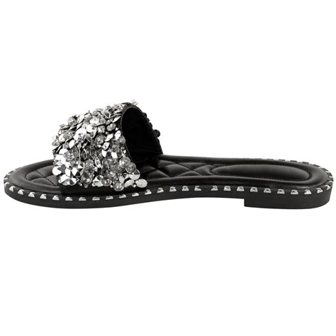 New Womens Ladies Flat Studded Diamante Sandals Summer Party Holiday