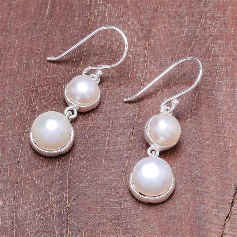 Cultured Pearl Dangle Earrings Double Moons Pearl Earrings Dangle
