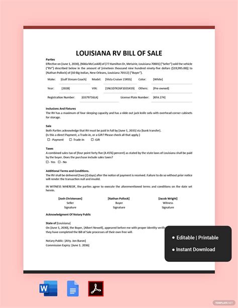 Louisiana Rv Bill Of Sale Template Google Docs Word Pdf Template Net