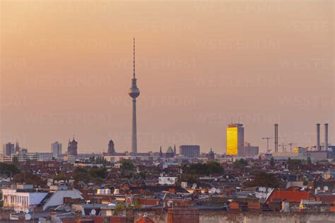 Germany Berlin Skyline By Sunset Stock Photo