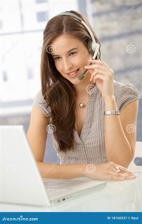 Smiling Woman Speaking On Headset Stock Image Image Of Computer