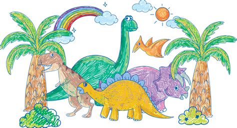 Coloured Hand Drawn Dinosaurs Group Vector Art At Vecteezy