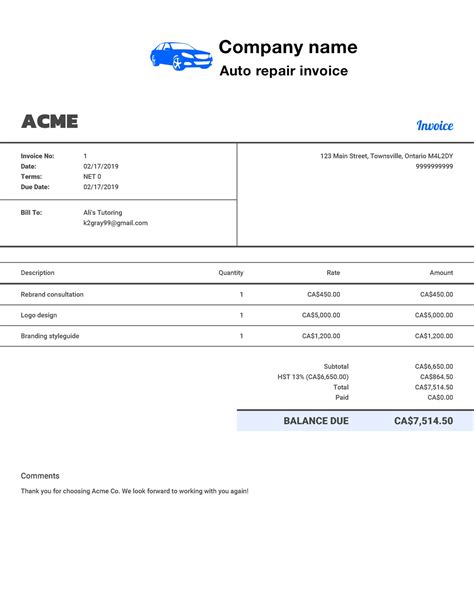 Free Auto Repair Invoice Template Customize And Send In 90 Seconds