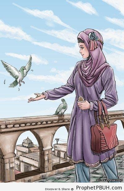Hijabi Girl And Pigeons Drawings Prophet Pbuh Peace Be Upon Him