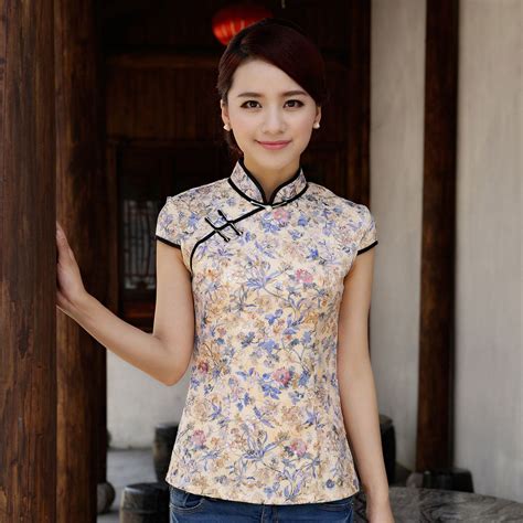 Enchanting Flowers Classical Cheongsam Shirt Yellow Chinese Shirts