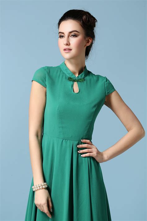 2015 Korean Stylish Women Bow Cheongsam Collar Chiffon Green Maxi Dress