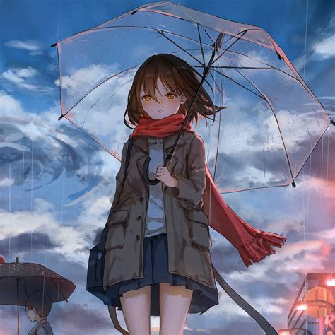 2048x2048 Anime Girl Walking In Rain With Umbrella 4k Ipad