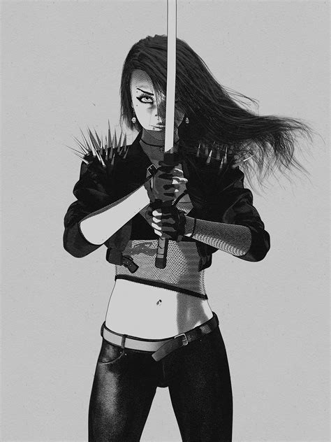 Artwork Women Monochrome Sword Girls With Swords Standing Drawing Simple Background Looking At