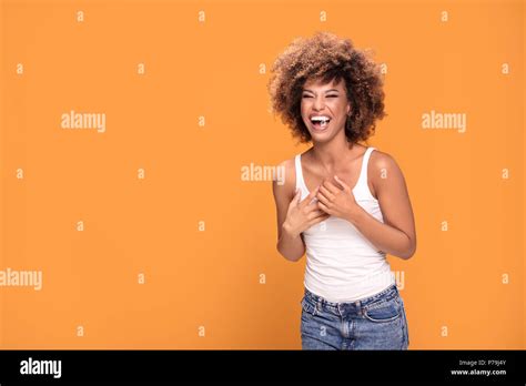 Beautiful Happy African American Woman Smiling Posing On Yellow