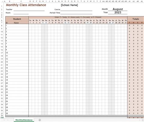 Monthly Class Attendance Form Excel Template