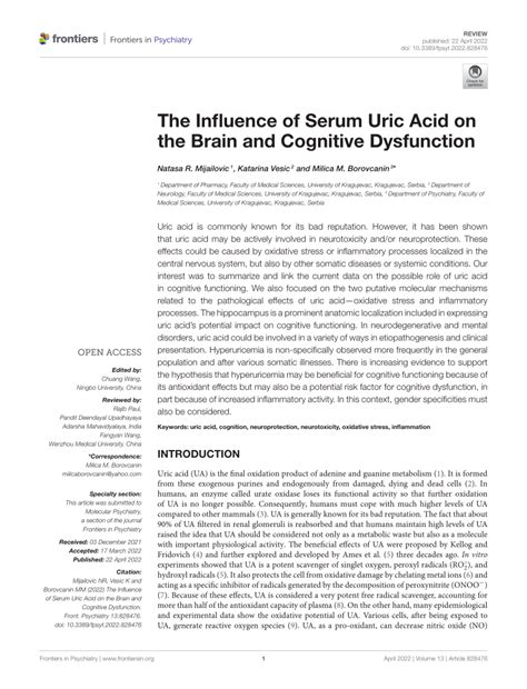 PDF The Influence Of Serum Uric Acid On The Brain And Cognitive