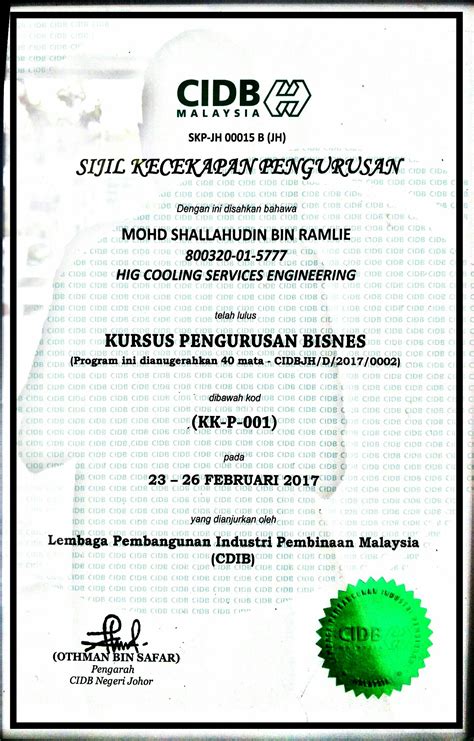 Cidb juga berfungsi untuk memajukan dan menggalakkan jaminan kualti dalam industri pembinaan di malaysia. Sijil-sijil Syarikat - higcoolingservicesengineering