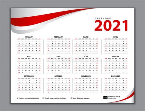 Calendario 2021 Comienzo De La Semana De Domingo Plantilla Del Negocio Ilustración Del Vector