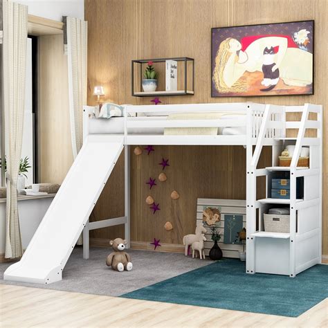Twin Size Loft Bed With Storage And Slide Cool Toddler Beds