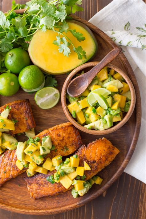 Mango salsa is a chunky, fruity salsa with just the right touch of spice — perfect for topping your favorite tortilla chips, tacos or chicken dish. Chili Lime Salmon with Avocado Mango Salsa - Lovely Little ...