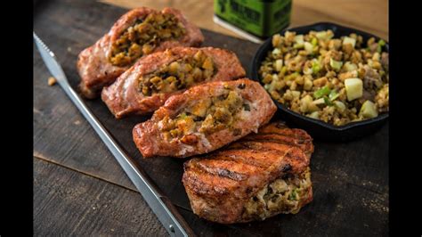 Grill the pork loin for a few minutes on high, or until dark grill marks appear on all sides of the pork. Grilled Stuffed Pork Chops Recipe | Traeger Wood Fired ...