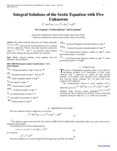 Pdf Ntegral Solutions Of The Sextic Equation With Five Unknowns Ijsrp Journal