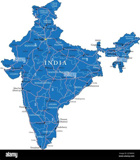 India Highly Detailed Vector Map With Administrative Regions Main
