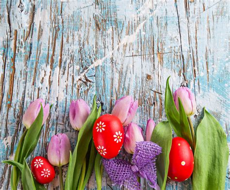 Tulips And Easter Eggs On Wooden Background Stock Photo Image Of