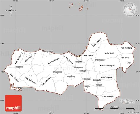 Geographic limits of the map Gray Simple Map of Central Java, cropped outside
