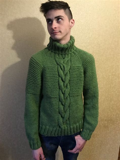 Knitted Sweater Turtleneck For Mens Mohair Green Chunky Etsy