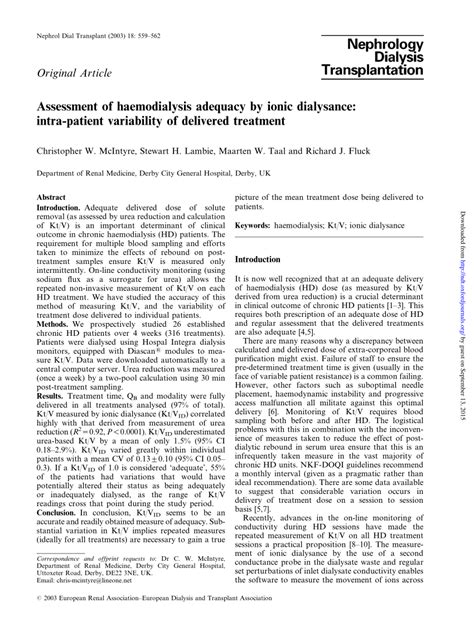 Pdf Assessment Of Haemodialysis Adequacy By Ionic Dialysance Intra