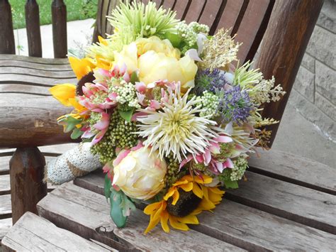 Sunflower Peonies And Wild Flowers Rustic Wedding Bouquet